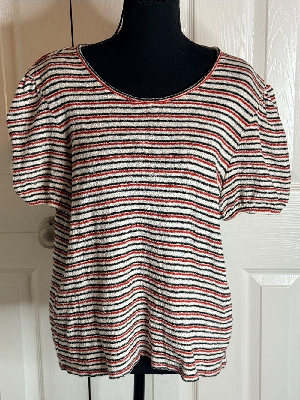 Madewell Striped Superlight Jacquard Puff Sleeve Tee Top L EUC